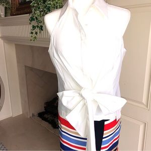 Worth Collection White Cotton Blend Sleeveless Button Bow Front Blouse Size 10